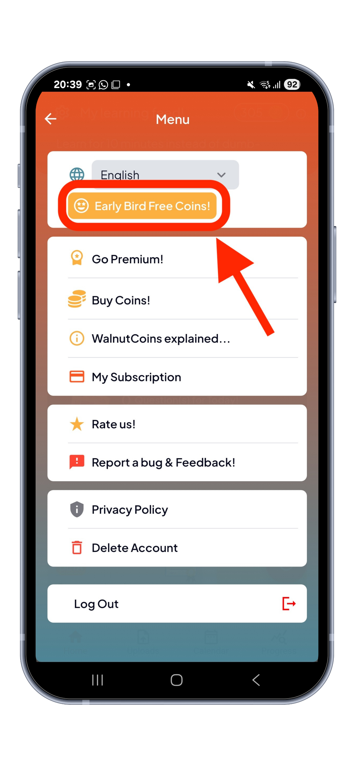 WalnutFlow app menu showing the Early Bird Free Coins button highlighted