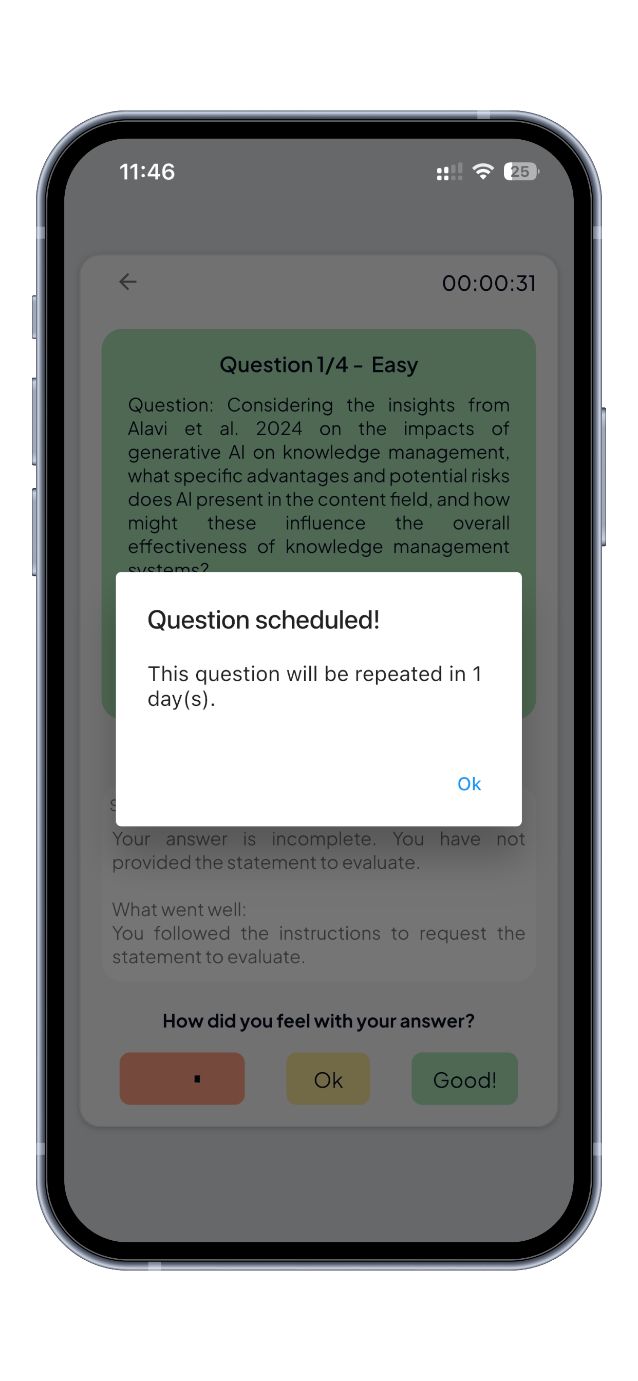 Practicing questions with feedback in WalnutFlow