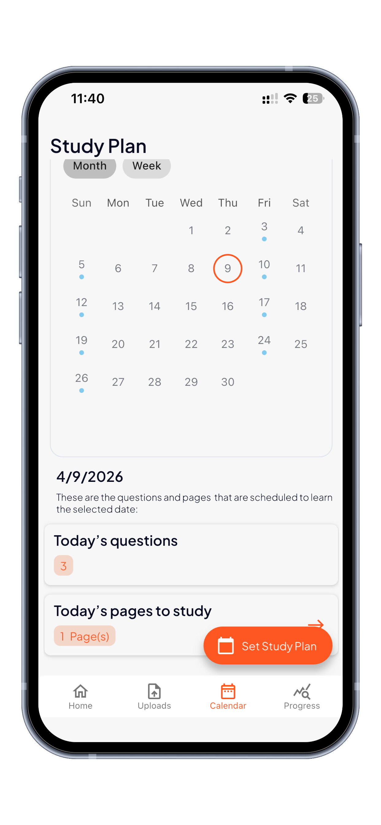 Study plan calendar in WalnutFlow